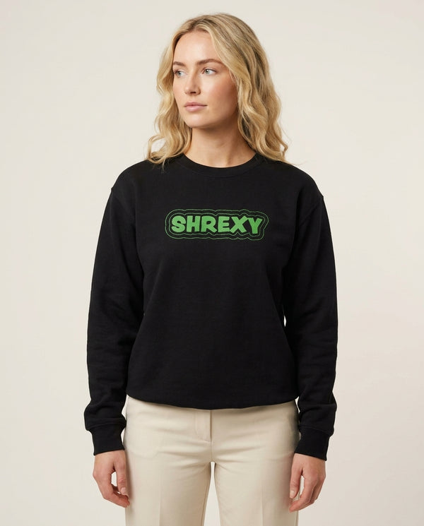 Shrexy Sweatshirt — Black Front, worn