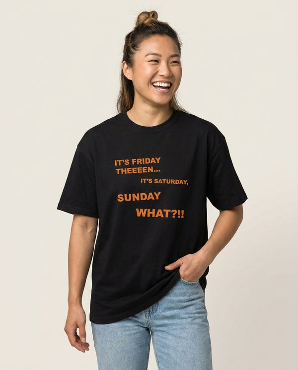 It's Friday Theeeen T-Shirt — Black Front, worn