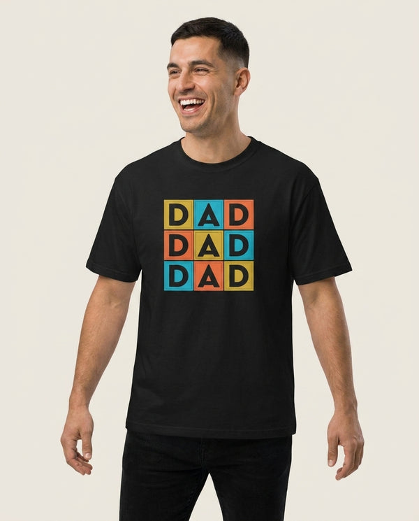 Dad Cubes T-Shirt — Black Front, worn