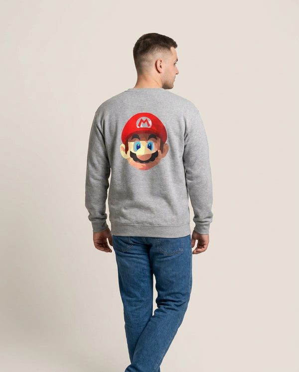 Mario Face - Mario Sweatshirt — Grey Back, worn