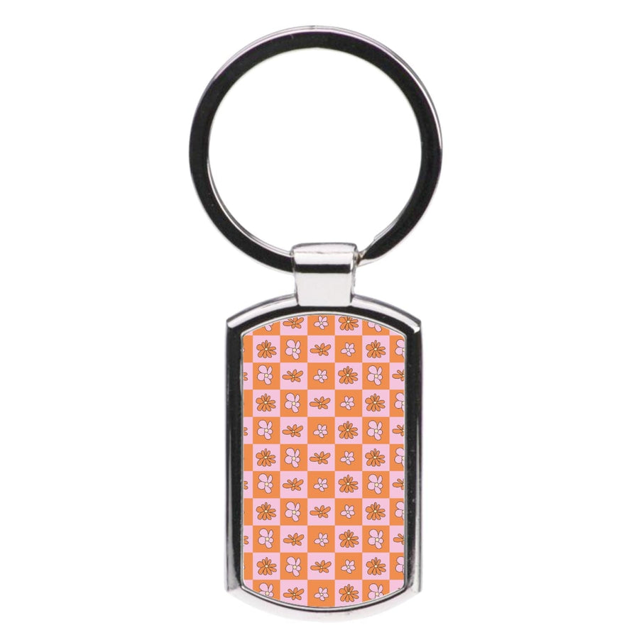 Orange And Pink Checked - Floral Patterns Luxury Keyring