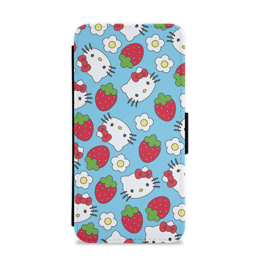 Strawberries And Flowers Pattern - Hello Kitty Flip / Wallet Phone Case