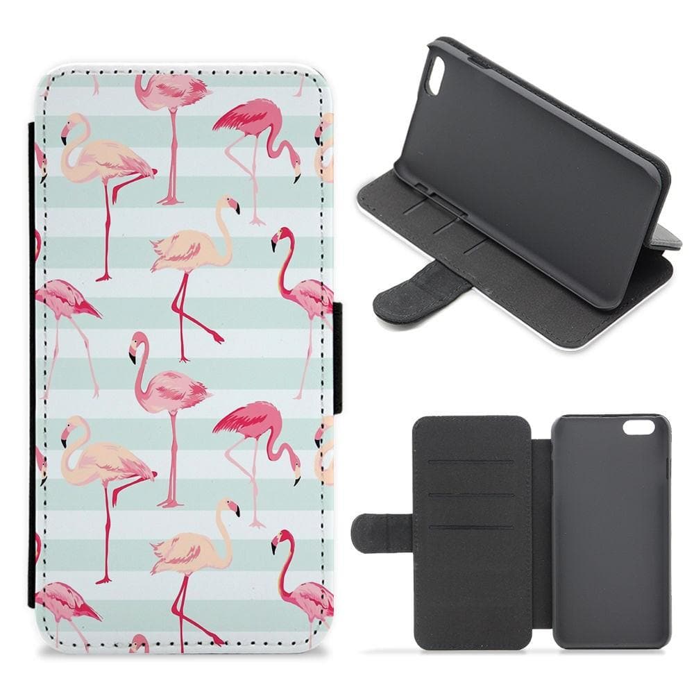 Striped Retro Flamingo Pattern Flip / Wallet Phone Case - Fun Cases