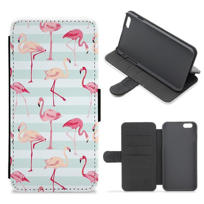 Striped Retro Flamingo Pattern Flip / Wallet Phone Case - Fun Cases