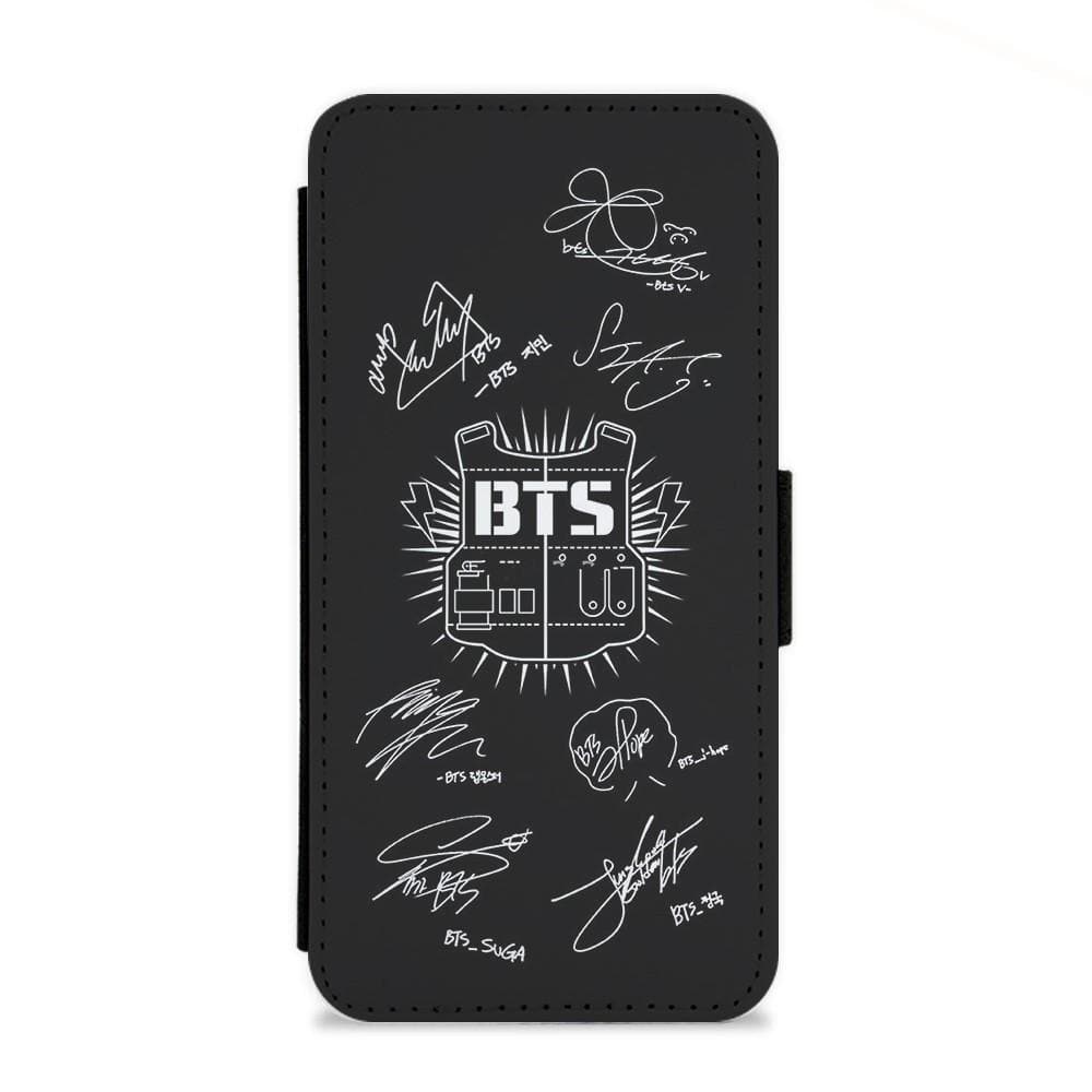 Black BTS Army Logo and Signatures Flip Wallet Phone Case - Fun Cases