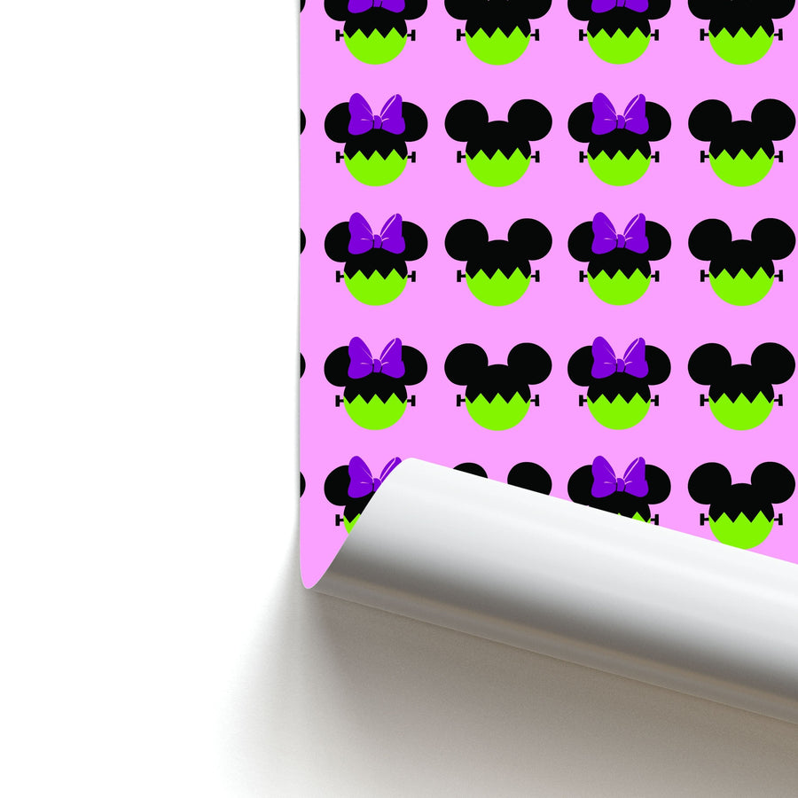 Frankenstein Mikey And Minnie Mouse Pattern - Disney Halloween Poster