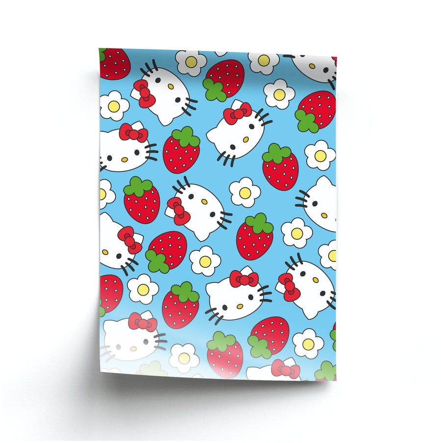 Strawberries And Flowers Pattern - Hello Kitty Poster
