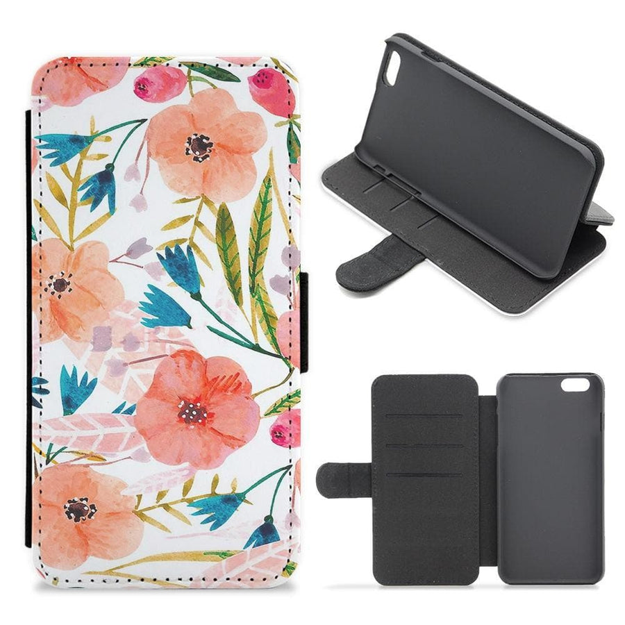 Peach Watercolour Floral Pattern Flip Wallet Phone Case - Fun Cases