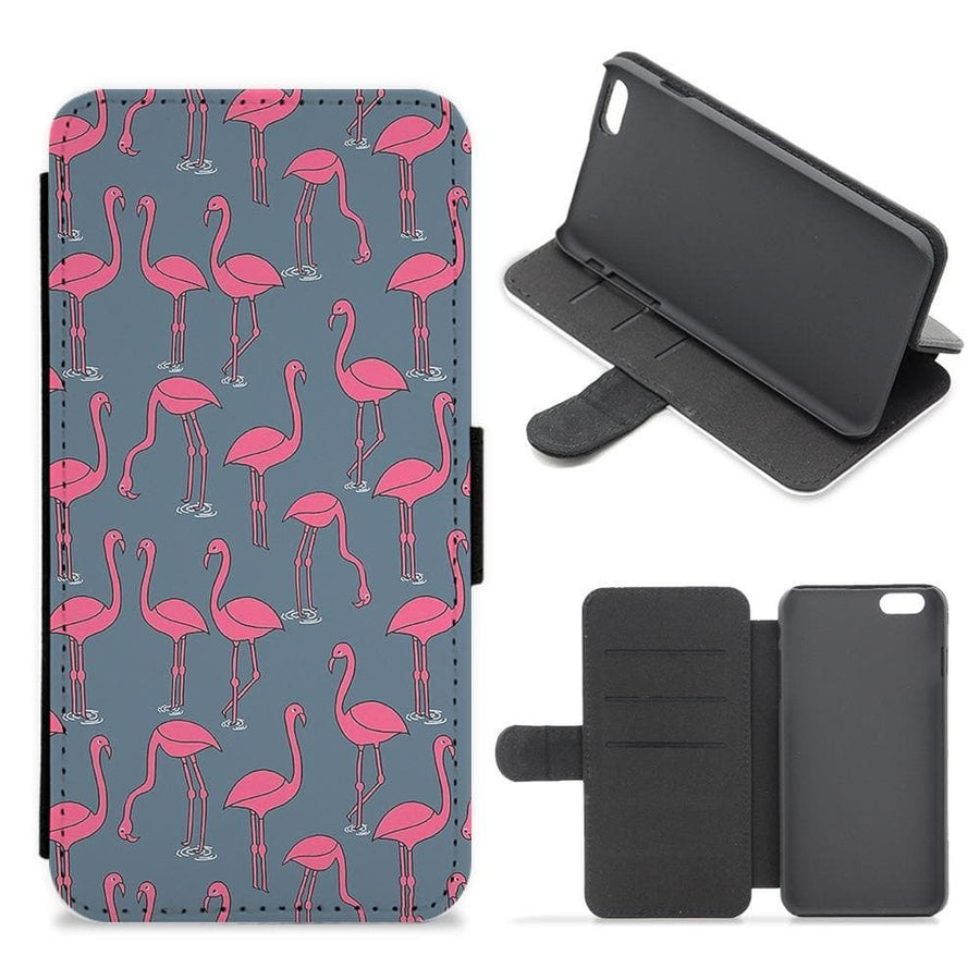 Basic Pink Flamingo Pattern Flip Wallet Phone Case - Fun Cases