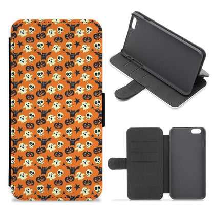 Skeletons, Ghosts, Pumpkin & Bat Pattern Flip Wallet Phone Case