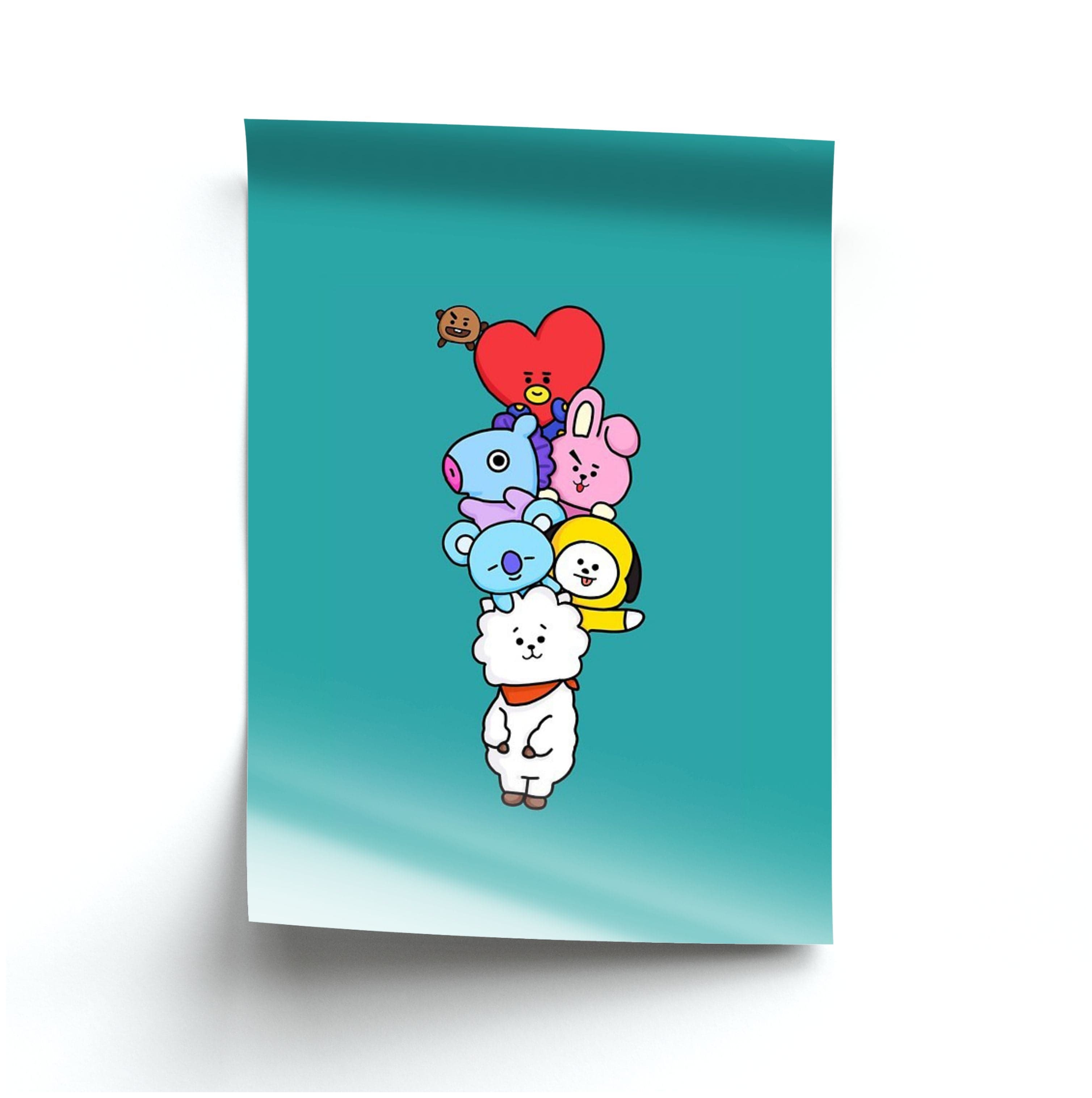 Green BT21 - RJ, Mang, Koya, Chimmy, Cooky, Shooky, Tata - K Pop Poster