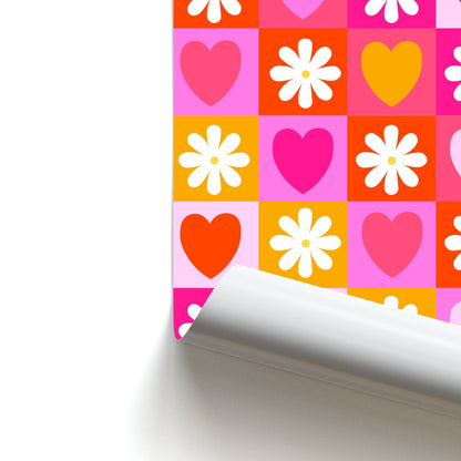 Checked Hearts And Flowers - Spring Patterns Poster