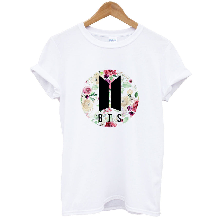 BTS Logo And Flowers - BTS T-Shirt