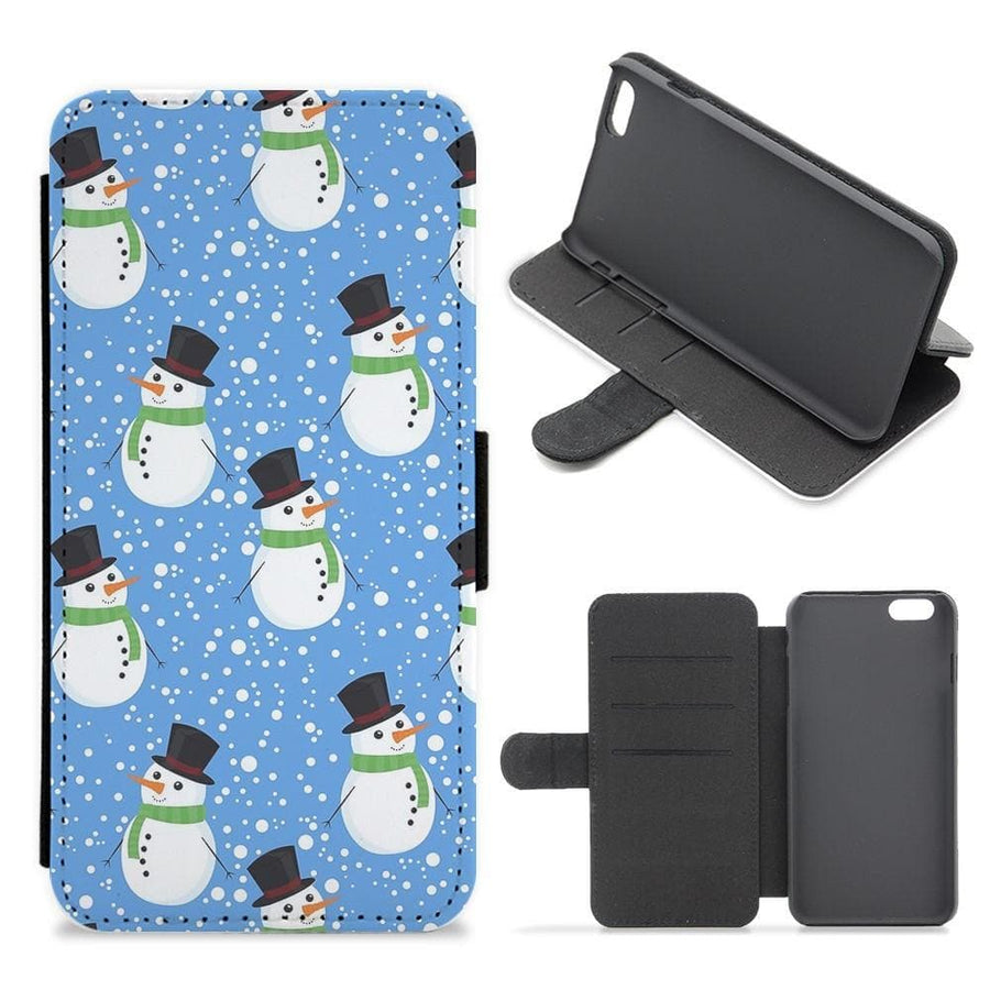 Blue Snowman Pattern Flip Wallet Phone Case