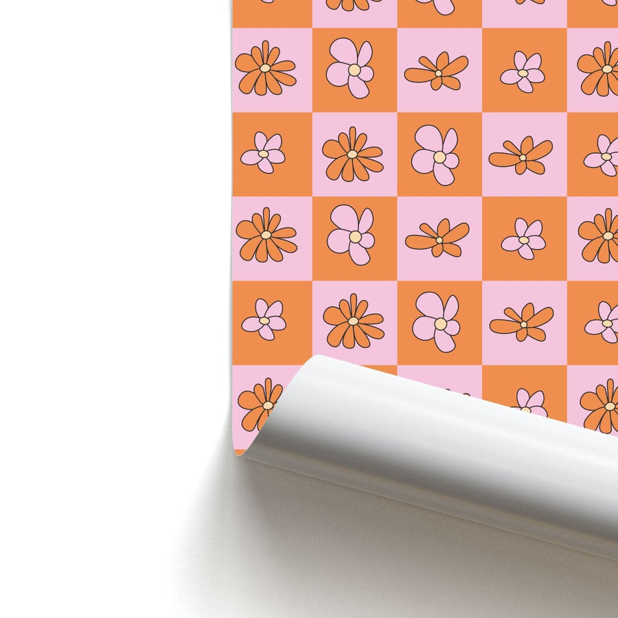 Orange And Pink Checked - Floral Patterns Poster