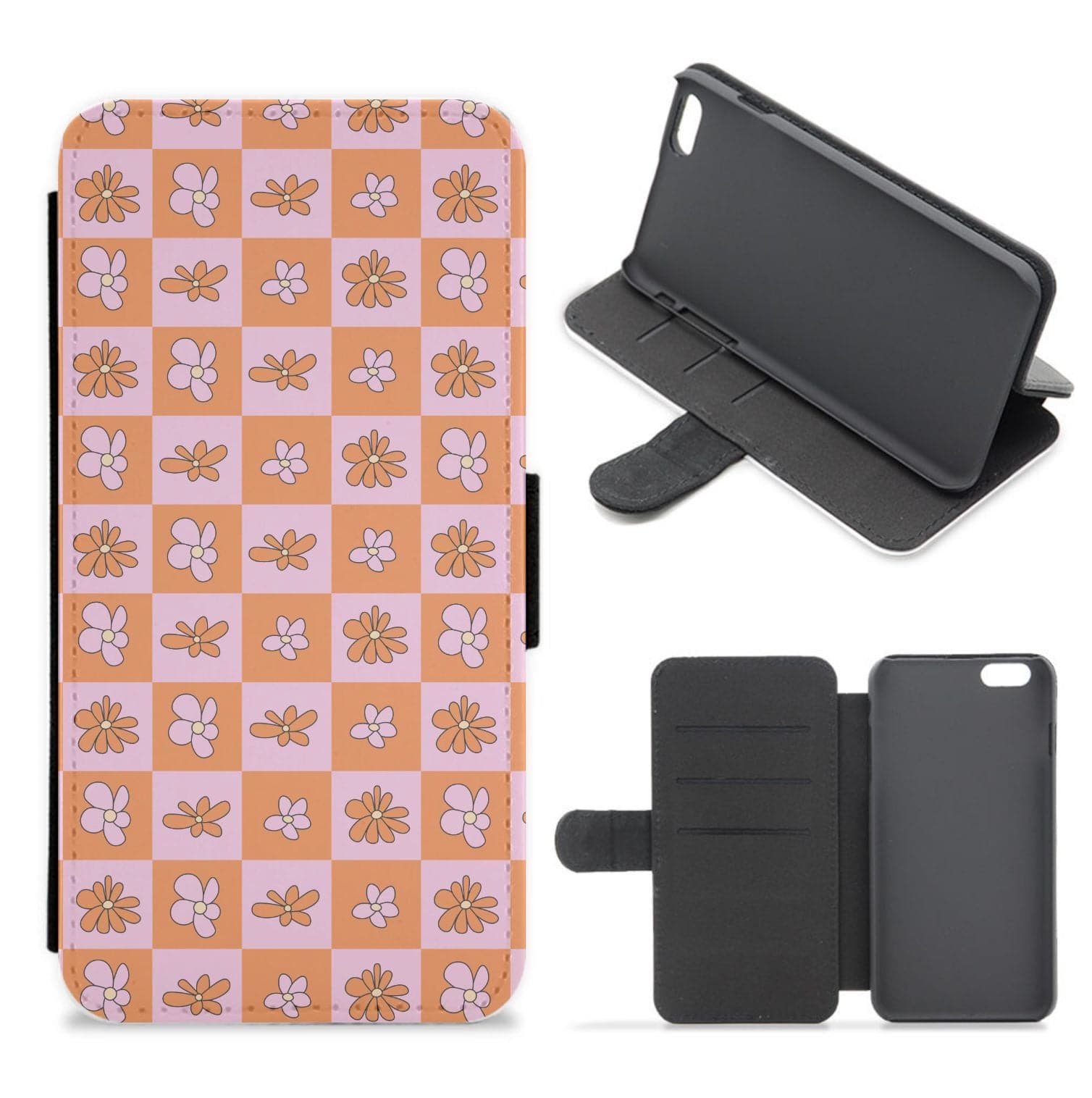 Orange And Pink Checked - Floral Patterns Flip / Wallet Phone Case