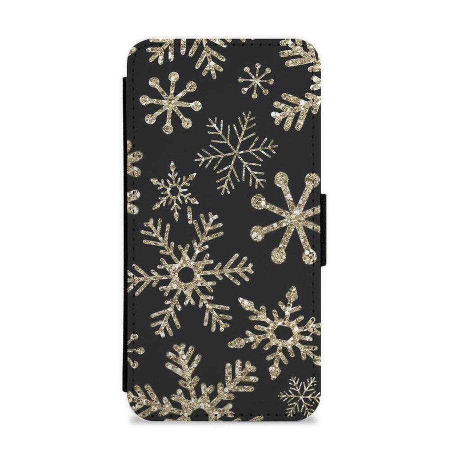 Gold Snowflake Pattern Flip Wallet Phone Case