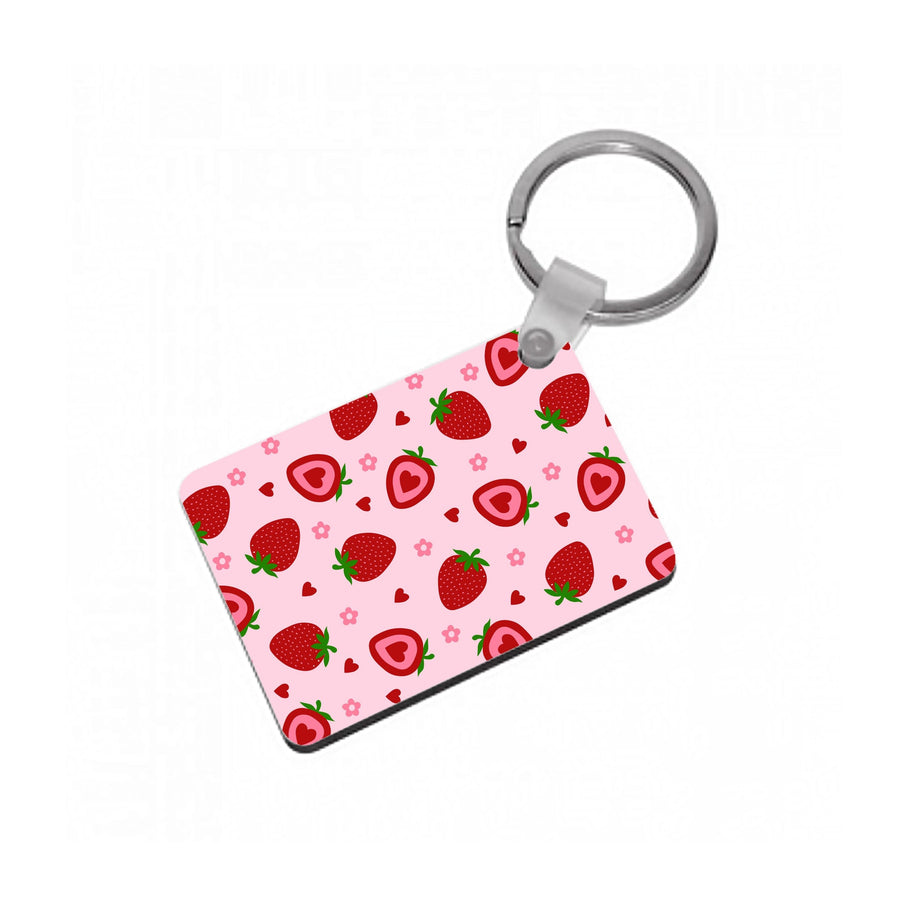 Strawberries And Hearts - Fruit Patterns Keyring