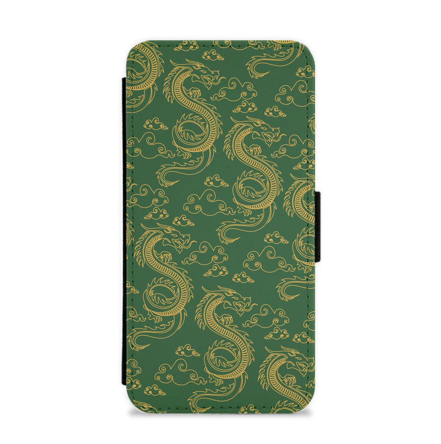Green And Gold Dragon Pattern Flip / Wallet Phone Case