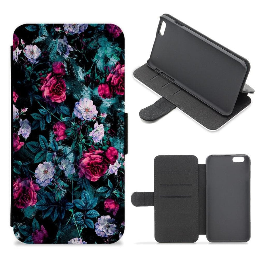 Black Floral Pattern Flip / Wallet Phone Case - Fun Cases