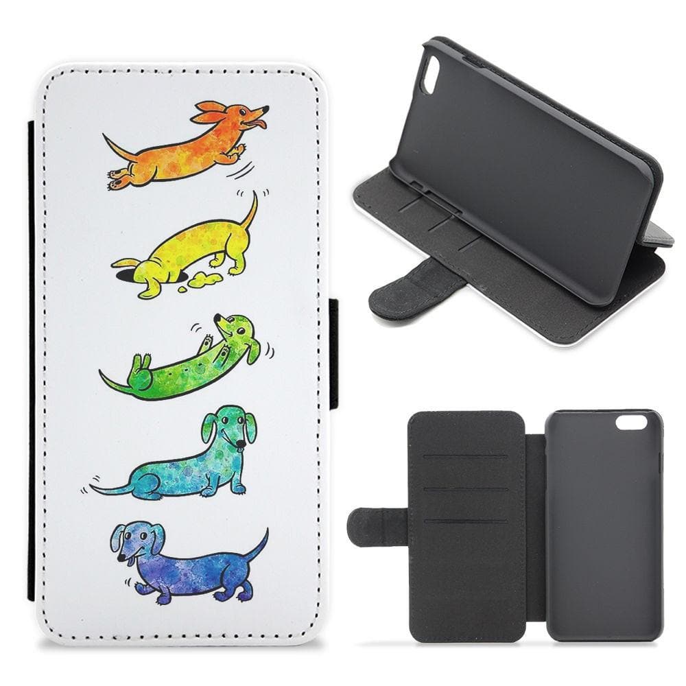 Watercolor Rainbow Dachshunds Flip Wallet Phone Case - Fun Cases