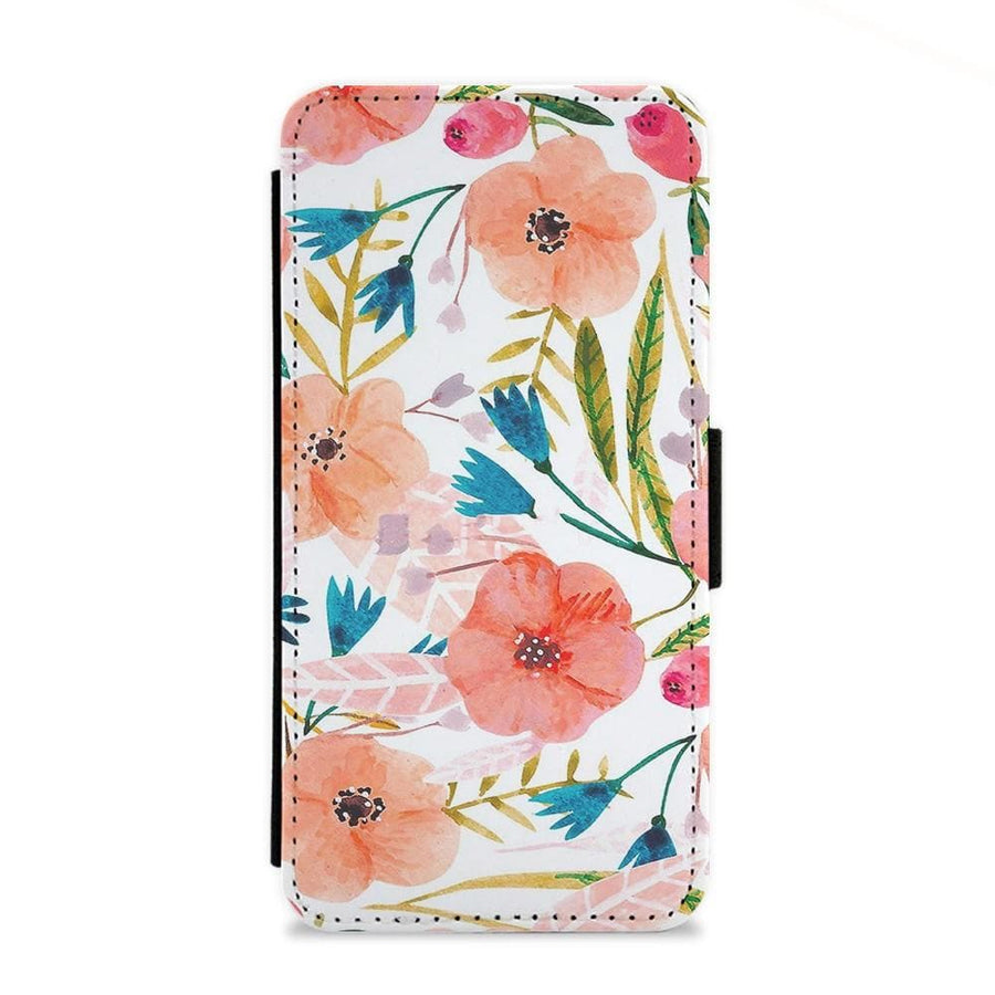 Peach Watercolour Floral Pattern Flip Wallet Phone Case - Fun Cases
