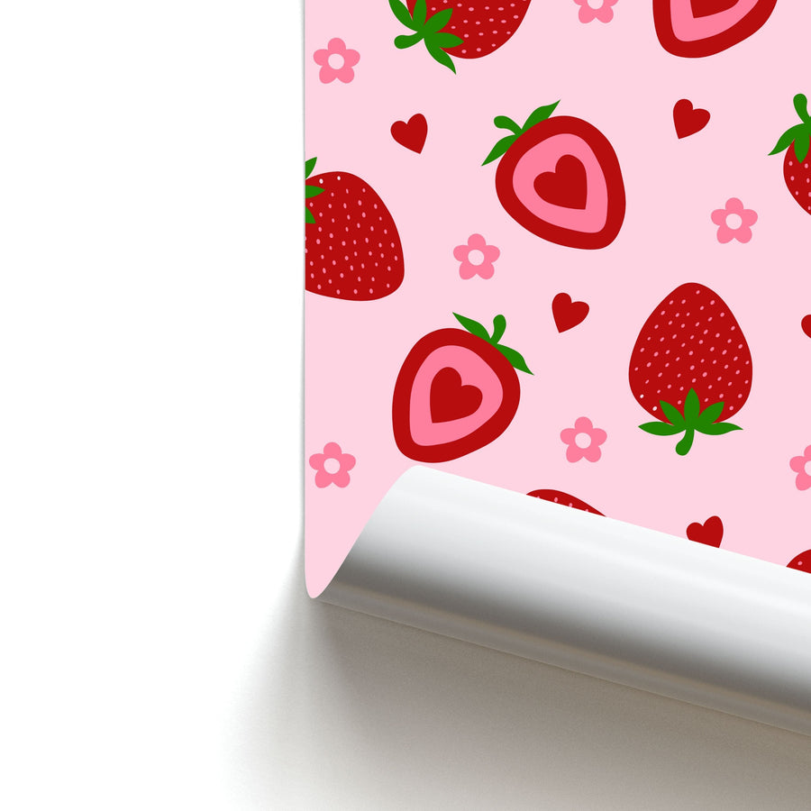 Strawberries And Hearts - Fruit Patterns Poster
