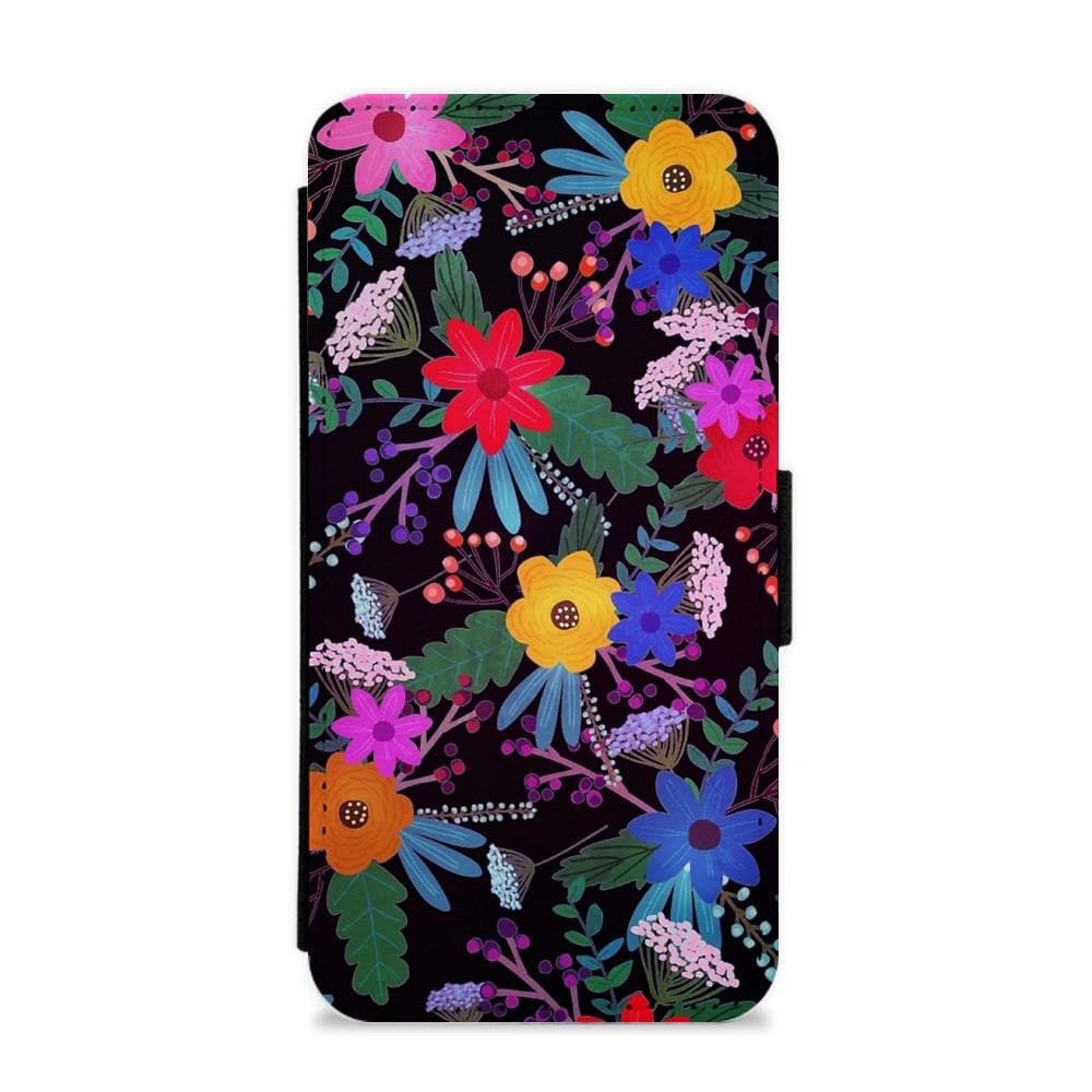 Black & Colourful Floral Pattern Flip / Wallet Phone Case - Fun Cases