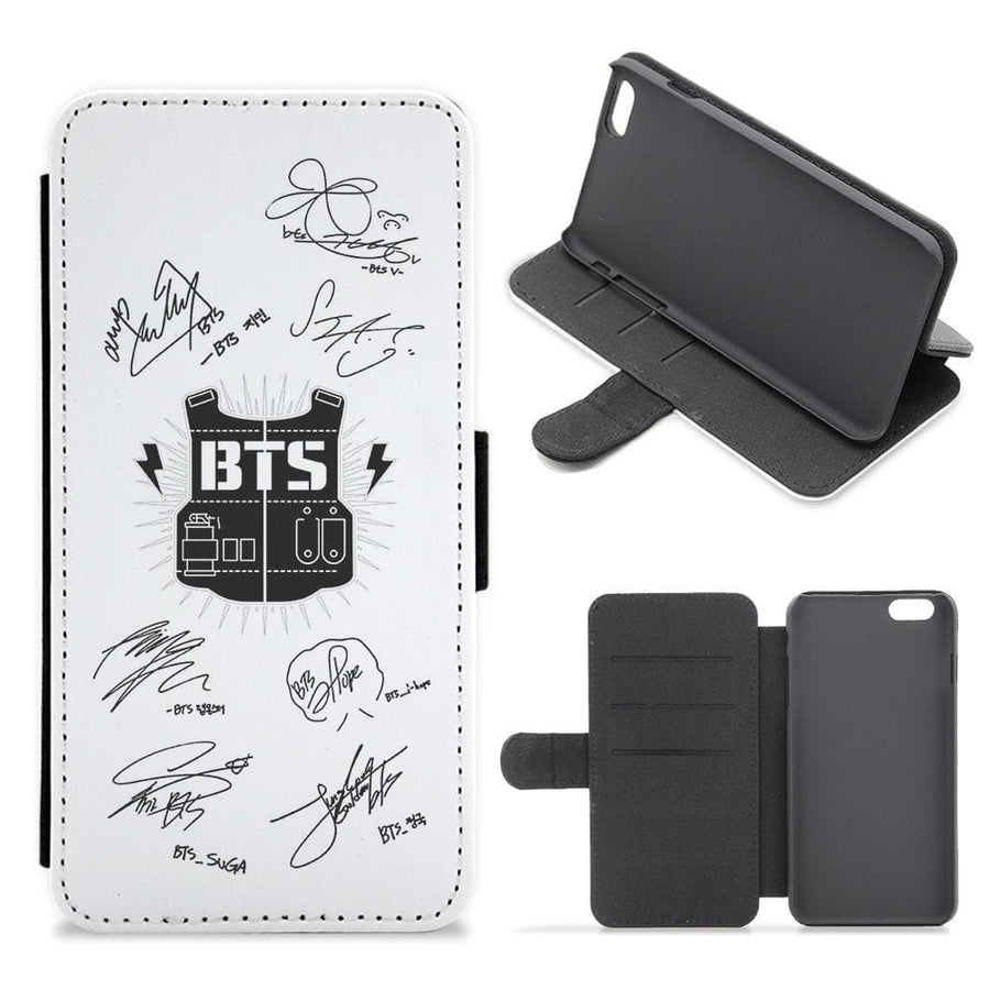 White BTS Army Logo and Signatures Flip Wallet Phone Case - Fun Cases