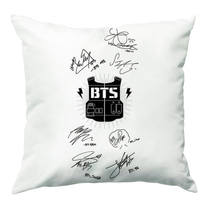 White K-Pop Band Army Logo and Signatures Cushion