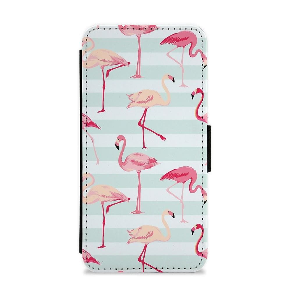 Striped Retro Flamingo Pattern Flip / Wallet Phone Case - Fun Cases