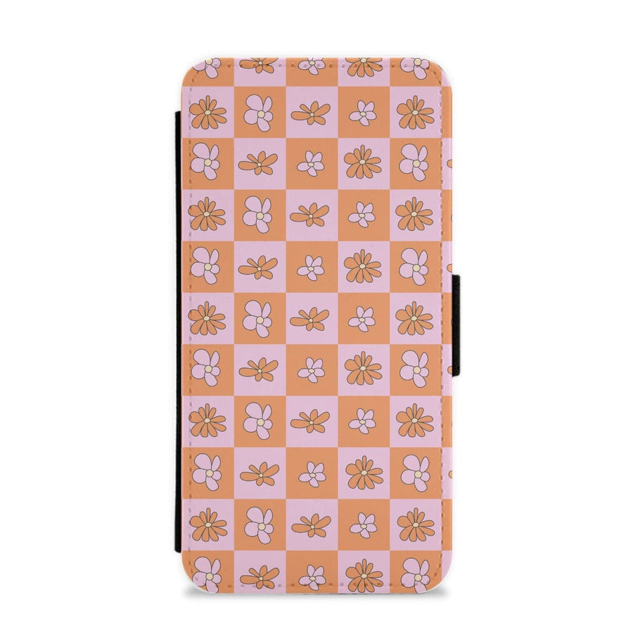 Orange And Pink Checked - Floral Patterns Flip / Wallet Phone Case