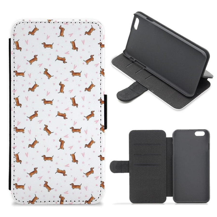 Dachshund Pattern - White Flip Wallet Phone Case - Fun Cases