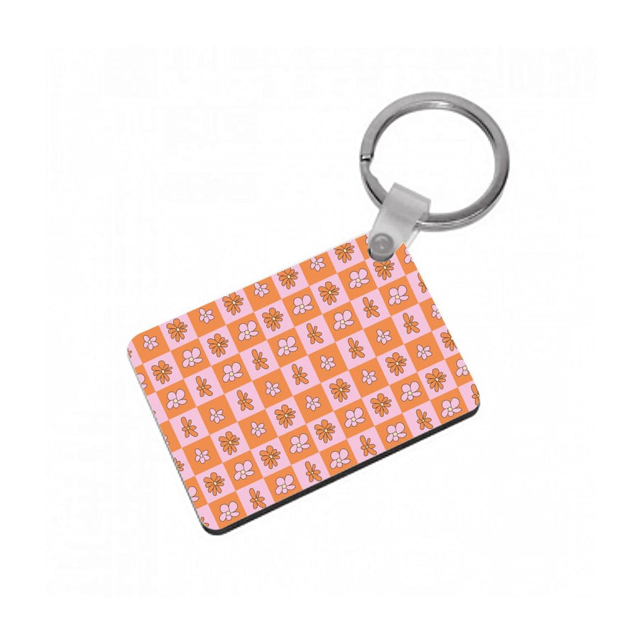 Orange And Pink Checked - Floral Patterns Keyring