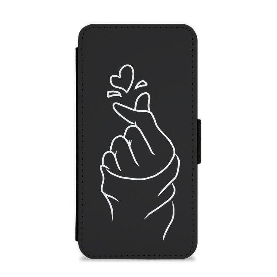 Cute Heart Finger Snap Black Flip Wallet Phone Case