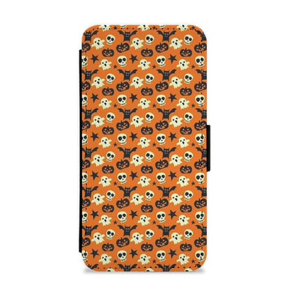 Skeletons, Ghosts, Pumpkin & Bat Pattern Flip Wallet Phone Case