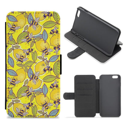 Yellow Lemon and Bee Flip Wallet Phone Case - Fun Cases