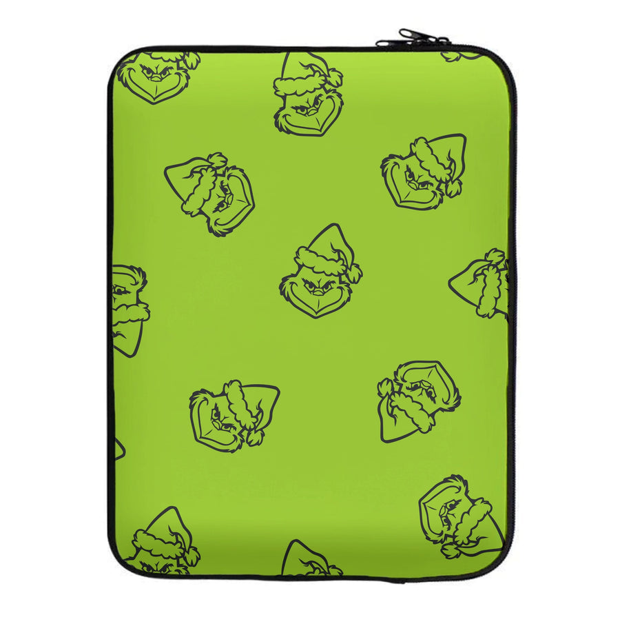 Silhouette Face Grinch Pattern - Christmas Laptop Sleeve