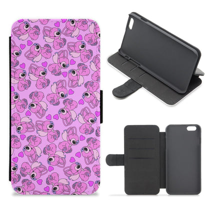 Love Heart Pattern - Pink Alien Flip / Wallet Phone Case