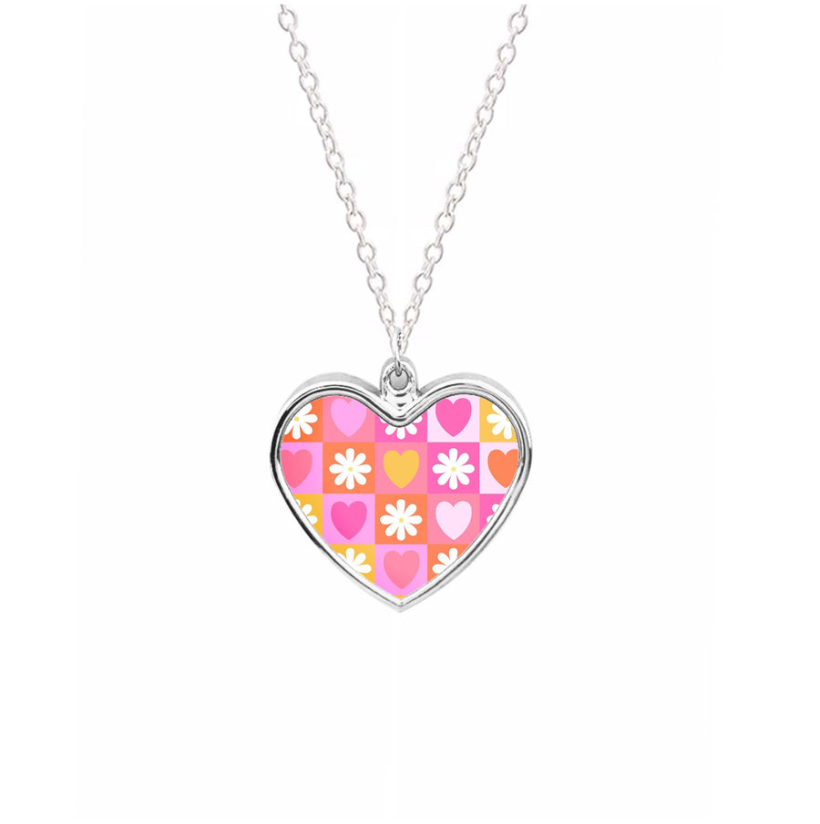 Checked Hearts And Flowers - Spring Patterns Necklace