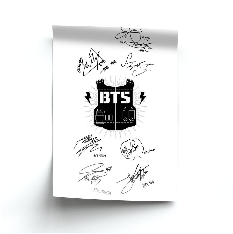 White BTS Army Logo and Signatures Poster