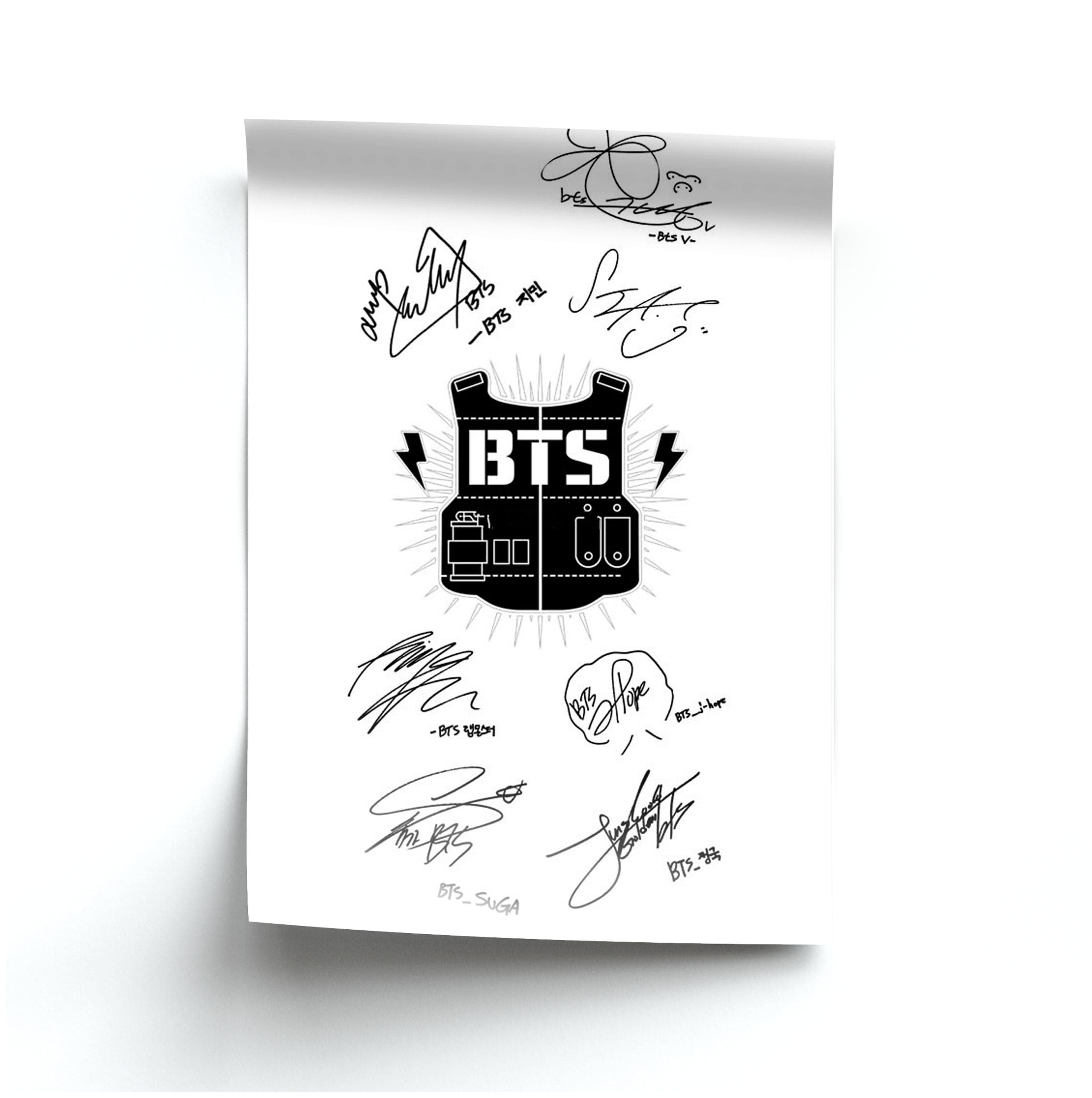 White K-Pop Band Army Logo and Signatures Poster