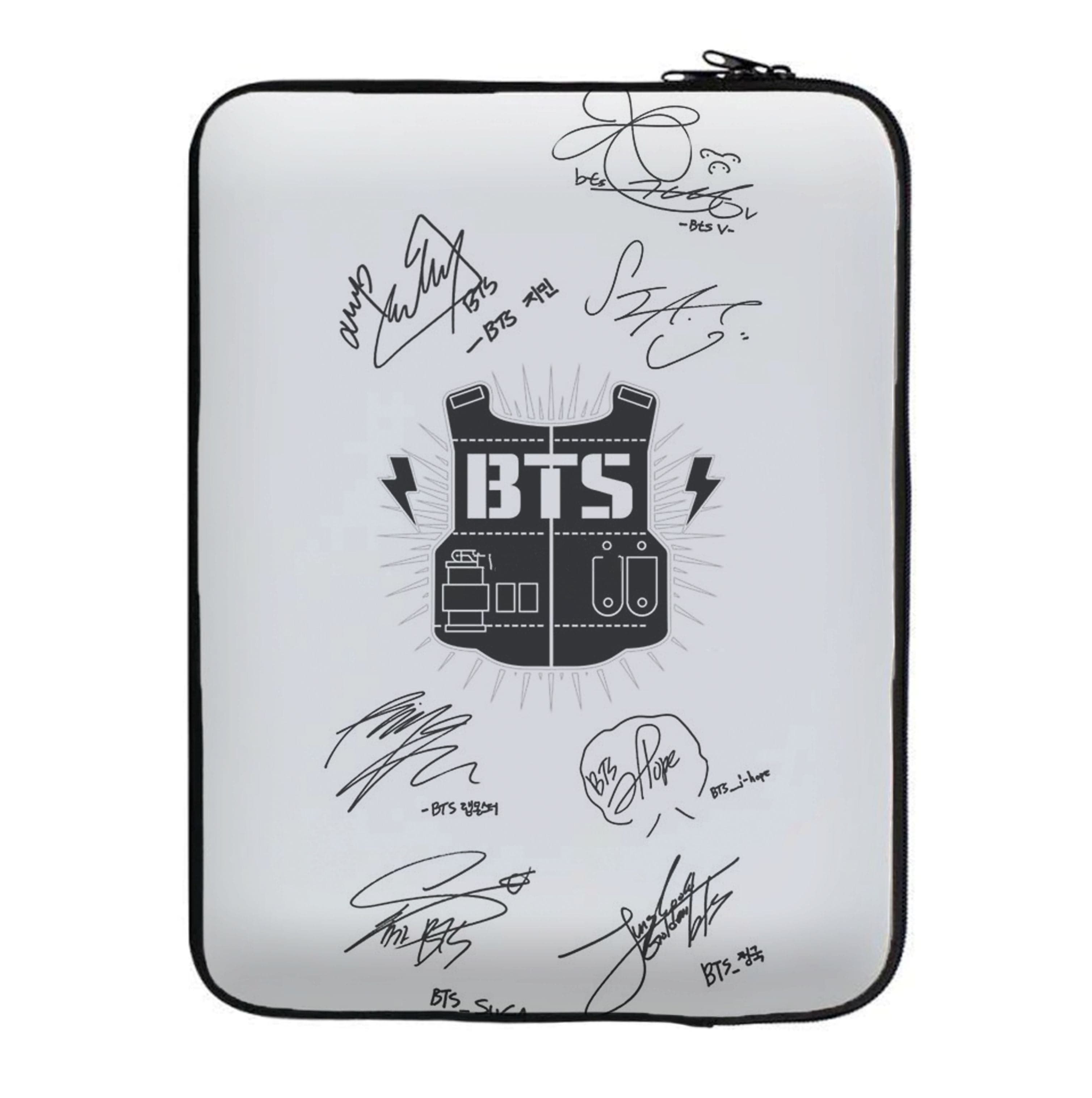 White K-Pop Band Army Logo and Signatures Laptop Sleeve