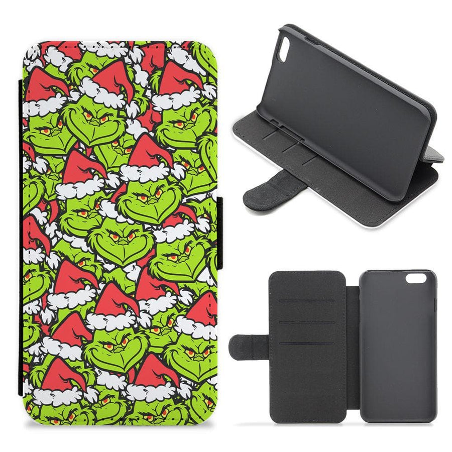 Cartoon Grinch Face Pattern - Christmas Flip / Wallet Phone Case