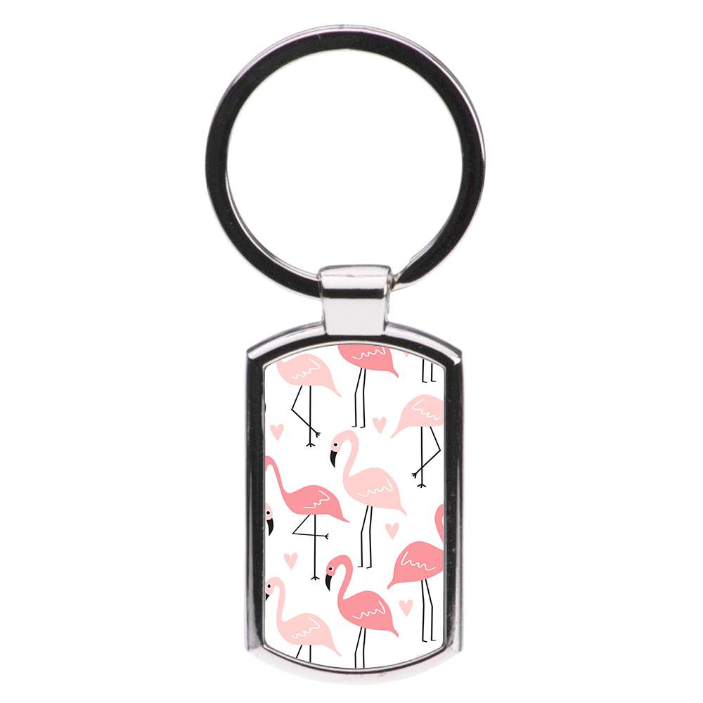 White & Pink Flamingo Pattern Luxury Keyring