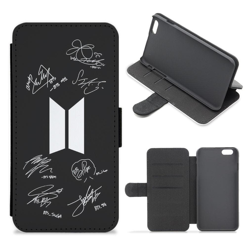 Black BTS Logo and Signatures Flip Wallet Phone Case Fun Cases