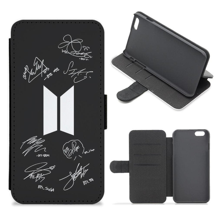 Black BTS Logo and Signatures Flip Wallet Phone Case - Fun Cases