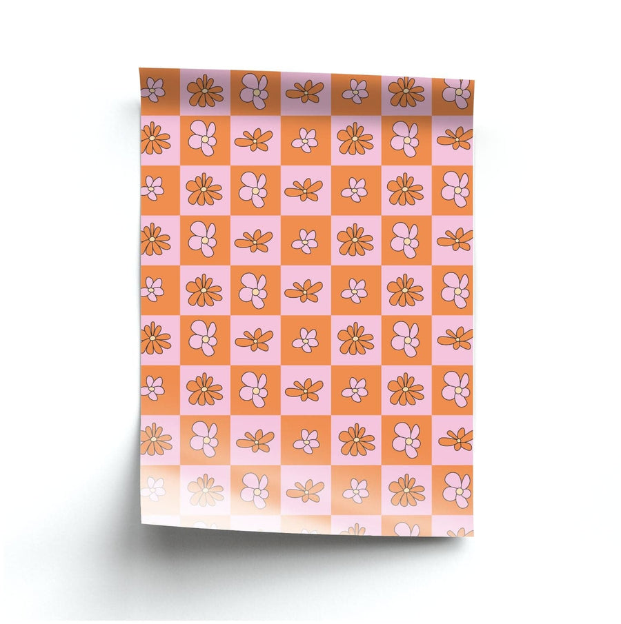 Orange And Pink Checked - Floral Patterns Poster