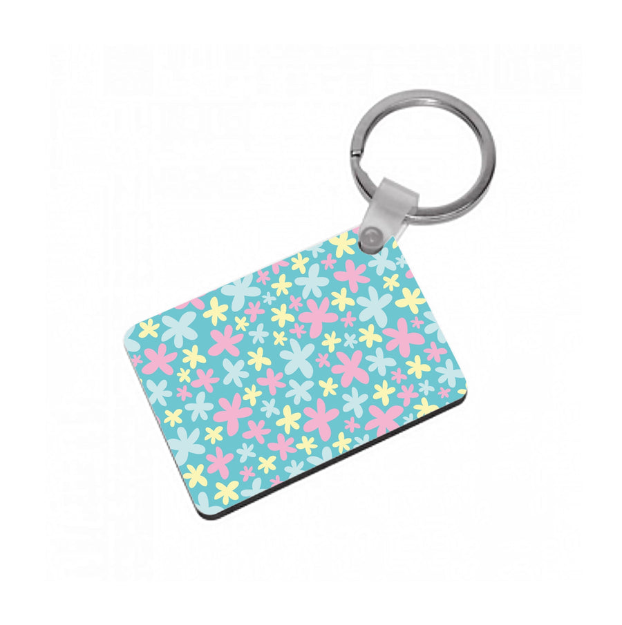 Blue, Pink And Yellow Flowers - Spring Patterns Keyring