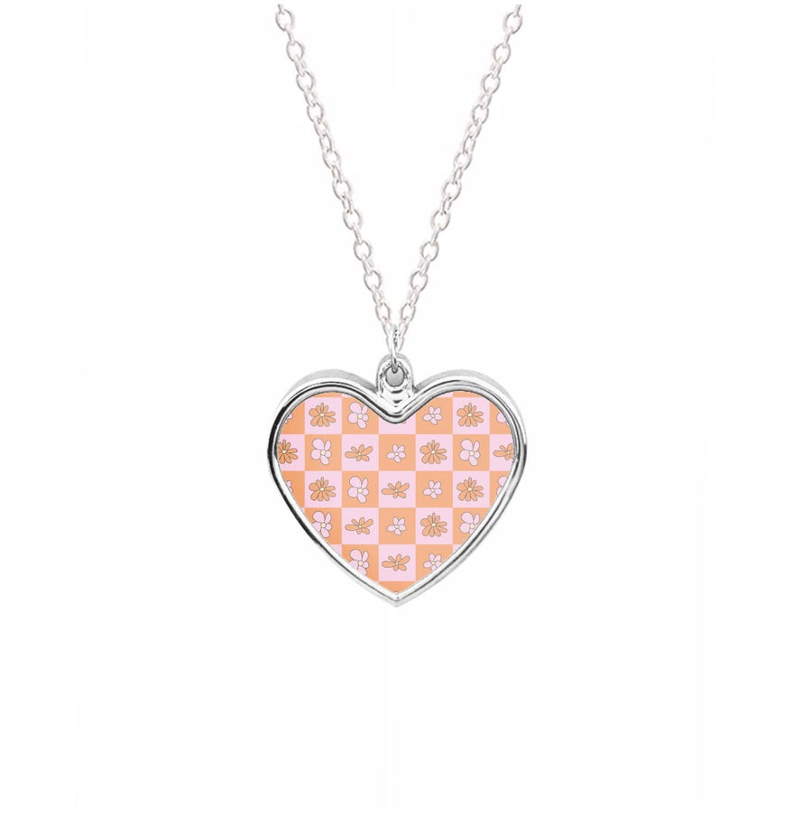 Orange And Pink Checked - Floral Patterns Necklace